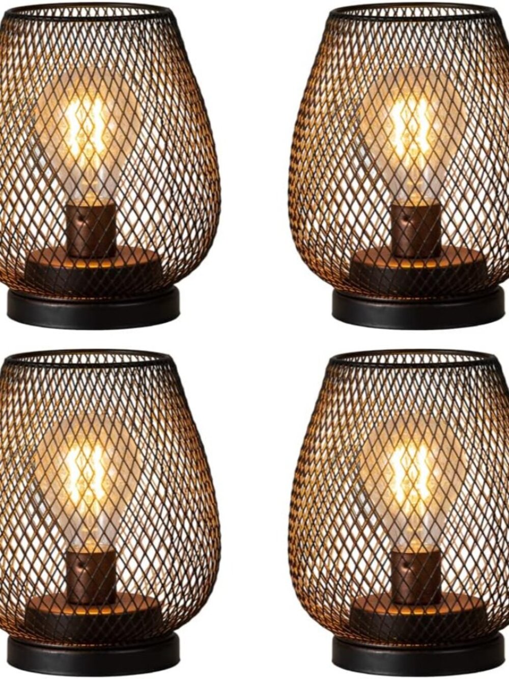 Set of 4 Battery Operated Lamp LED Table Lantern, Brown Metal Cage Cordless Lamp